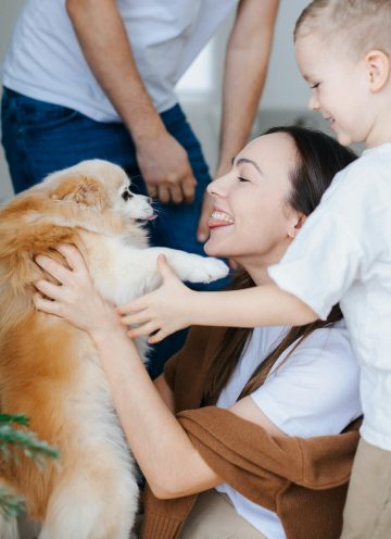 Family playing with their dog